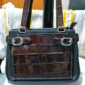 Brighton Vtg Organizer  Bag  Black Pebbled Leather Embossed Croc